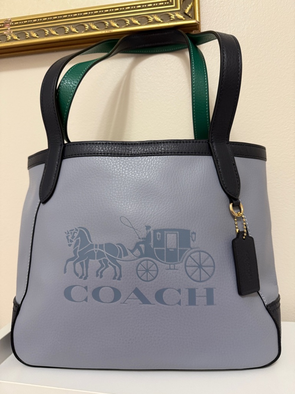 Coach Two-Tone Leather Tote in Light Blue with Dark Blue and Green Accents